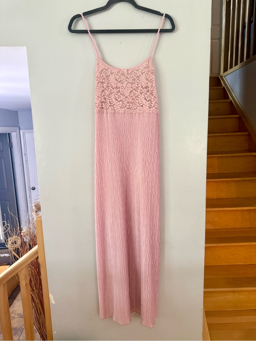 VTG 70s EUC Jessica Sears Canada Pink Pleated Maxi Nightgown Lace Bodice Size L